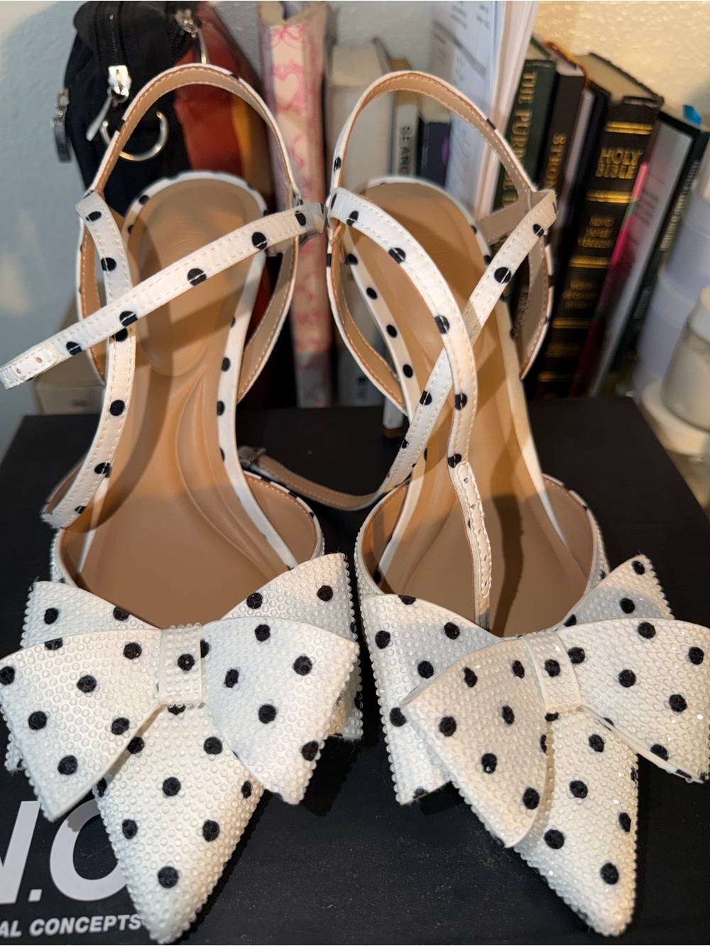 White Polka Dot Bow Pointed Toe Heels - Women